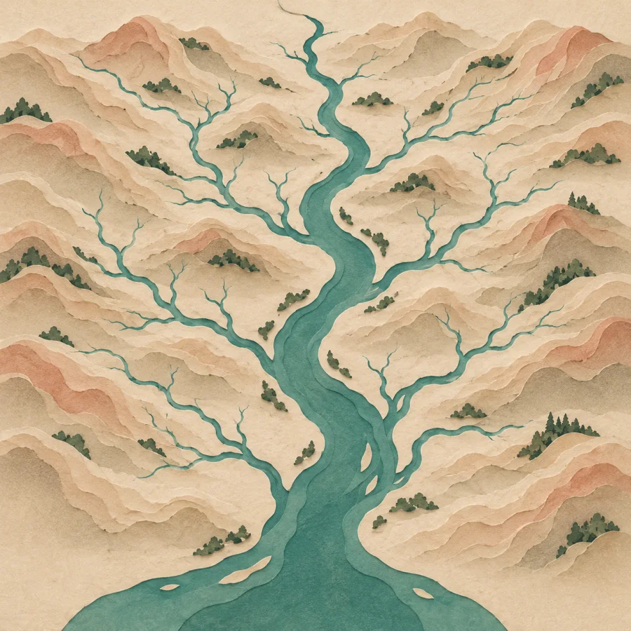 Top view of a river fed by tributaries from green hills