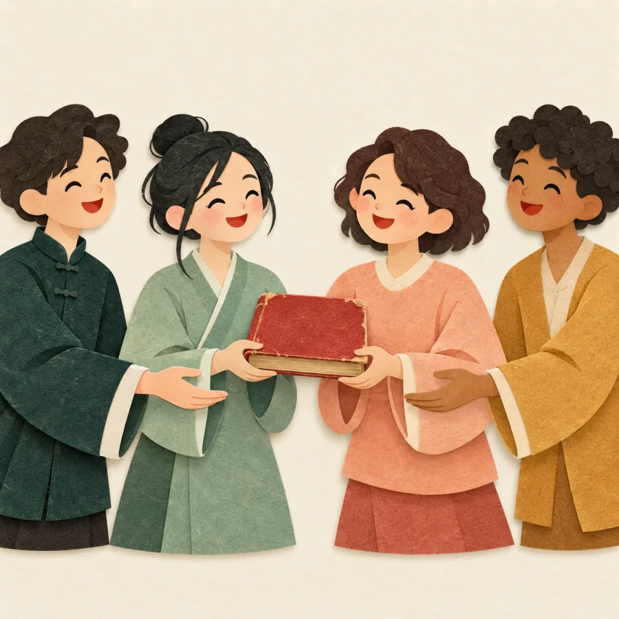 An old book is passed along a line of people