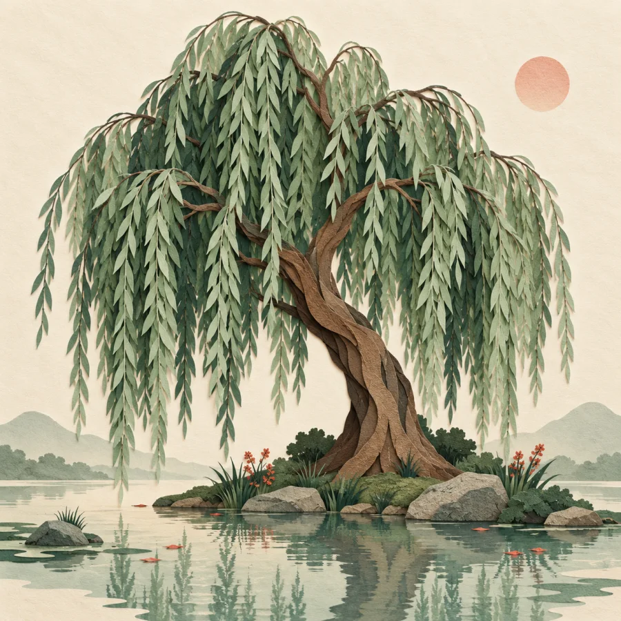 A weeping willow with long branches beside a calm pond