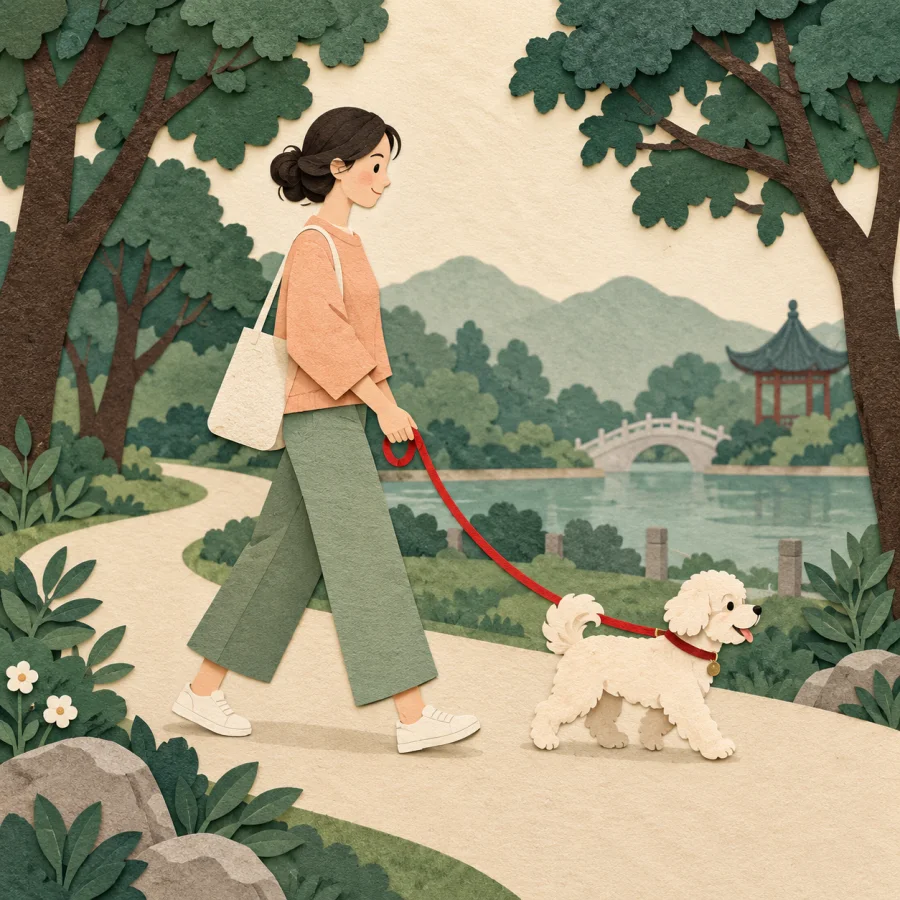 A person walks a small dog on a red leash through a park