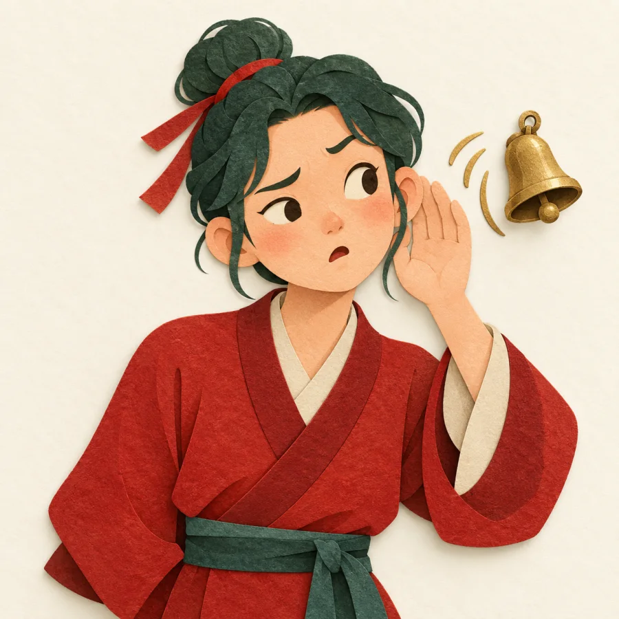 A puzzled person cups a hand to the ear beside a ringing bell