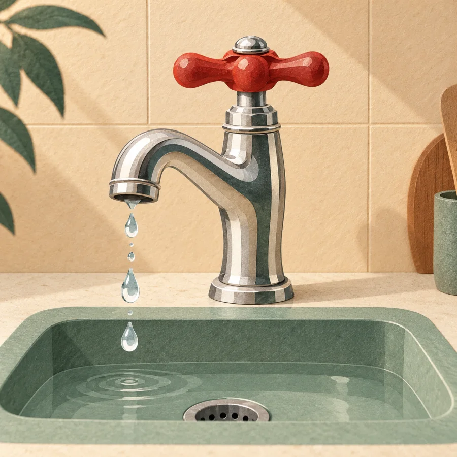 A shiny tap with water dripping over a sink