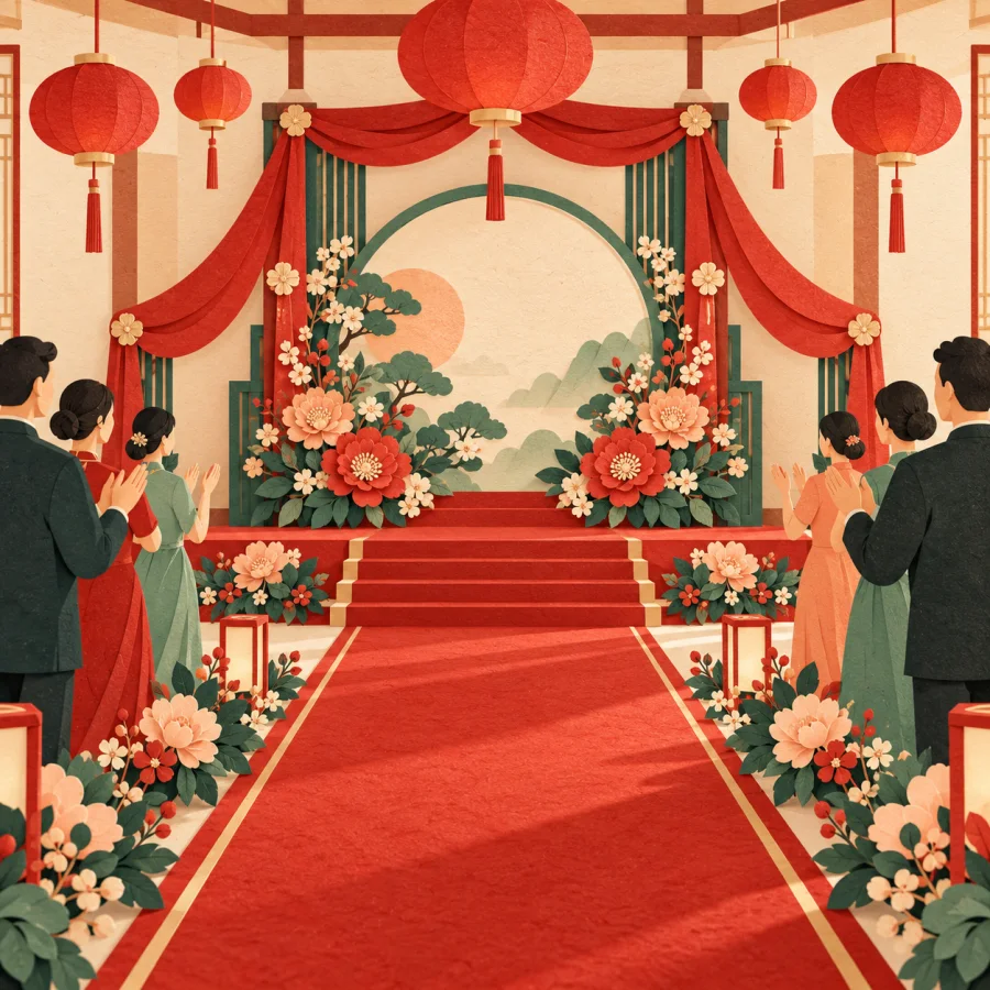 A festive hall with red lanterns and a carpet, people applauding