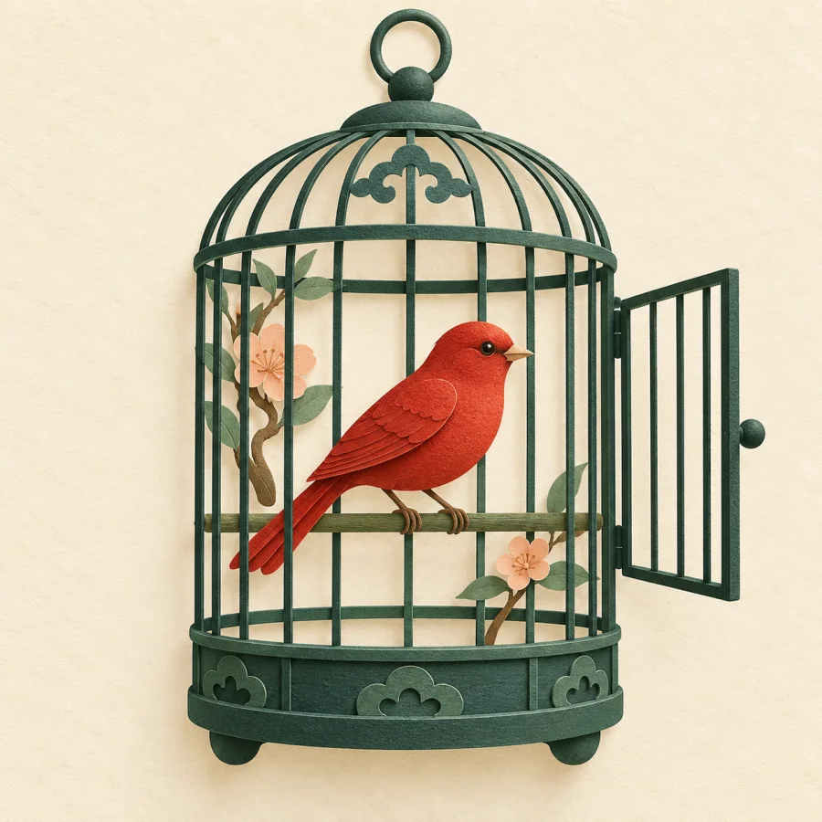 A red bird inside a green cage with an open door