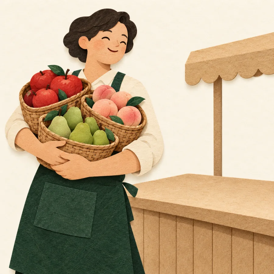 A person hugging every fruit basket on a market stall