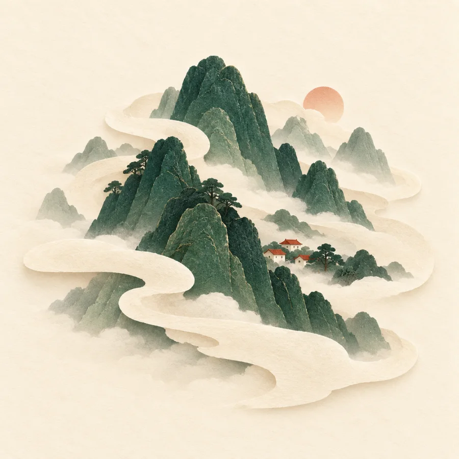 White mist wrapping around green mountains above a village