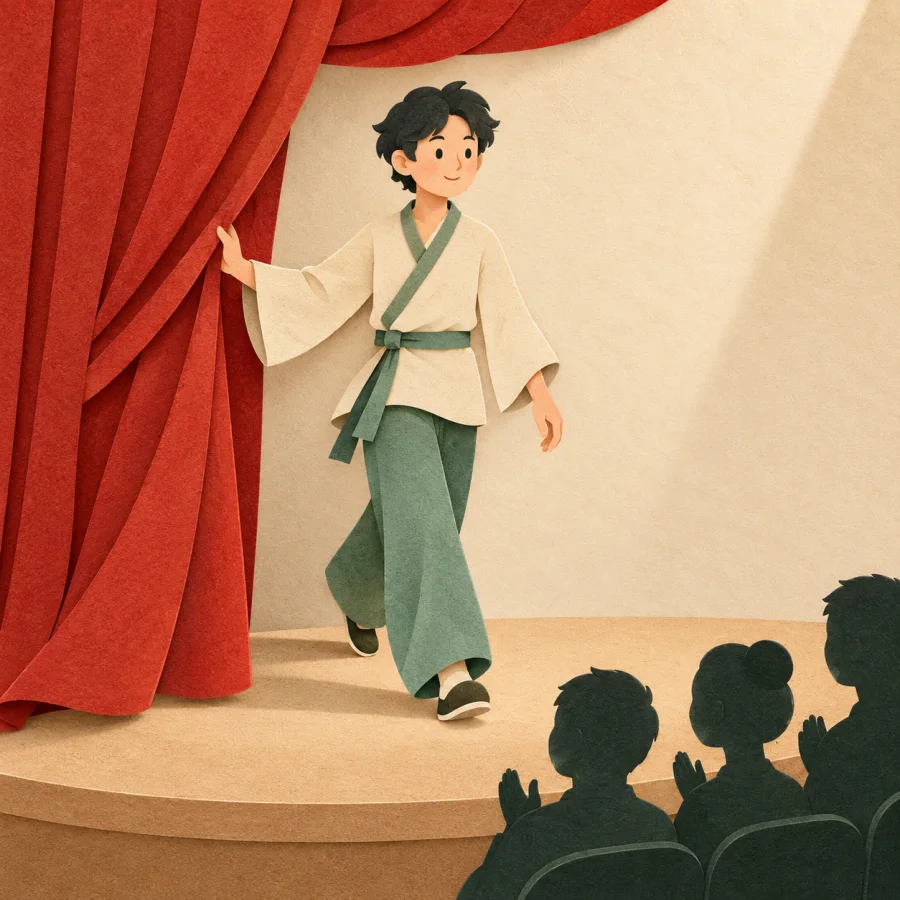 A person stepping out from behind a red curtain before an audience