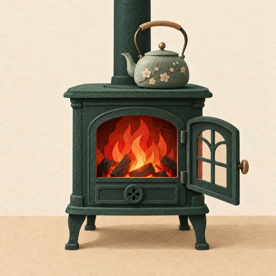 A cast-iron stove with a fire and a kettle on top