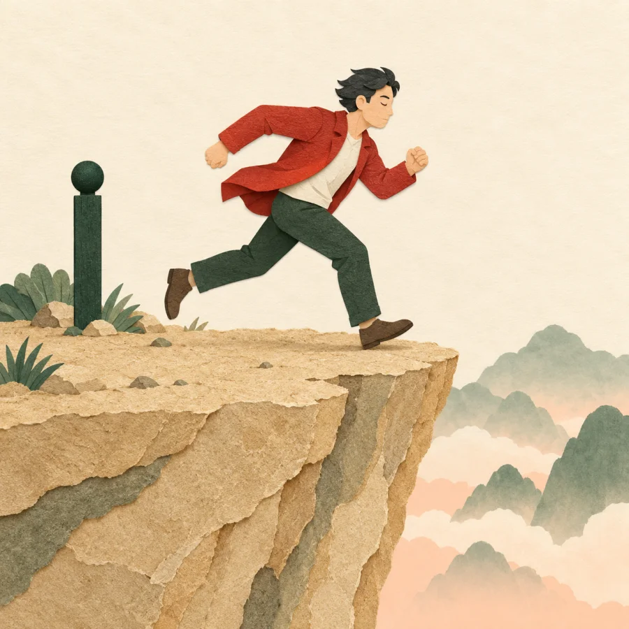 A person running toward a cliff edge with eyes closed