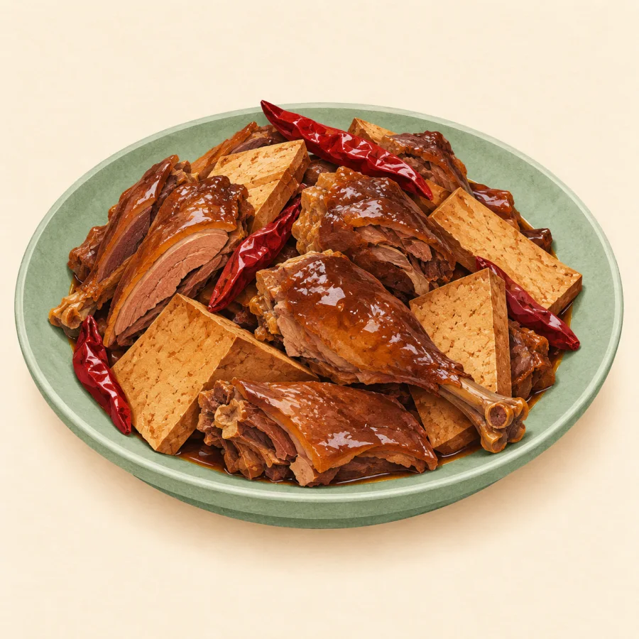 A plate of dark braised meats and tofu with herbs
