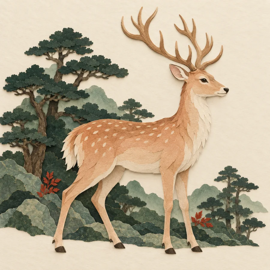 A deer with branching antlers standing by green trees