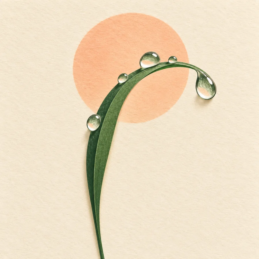 Dewdrops glistening on a green blade of grass