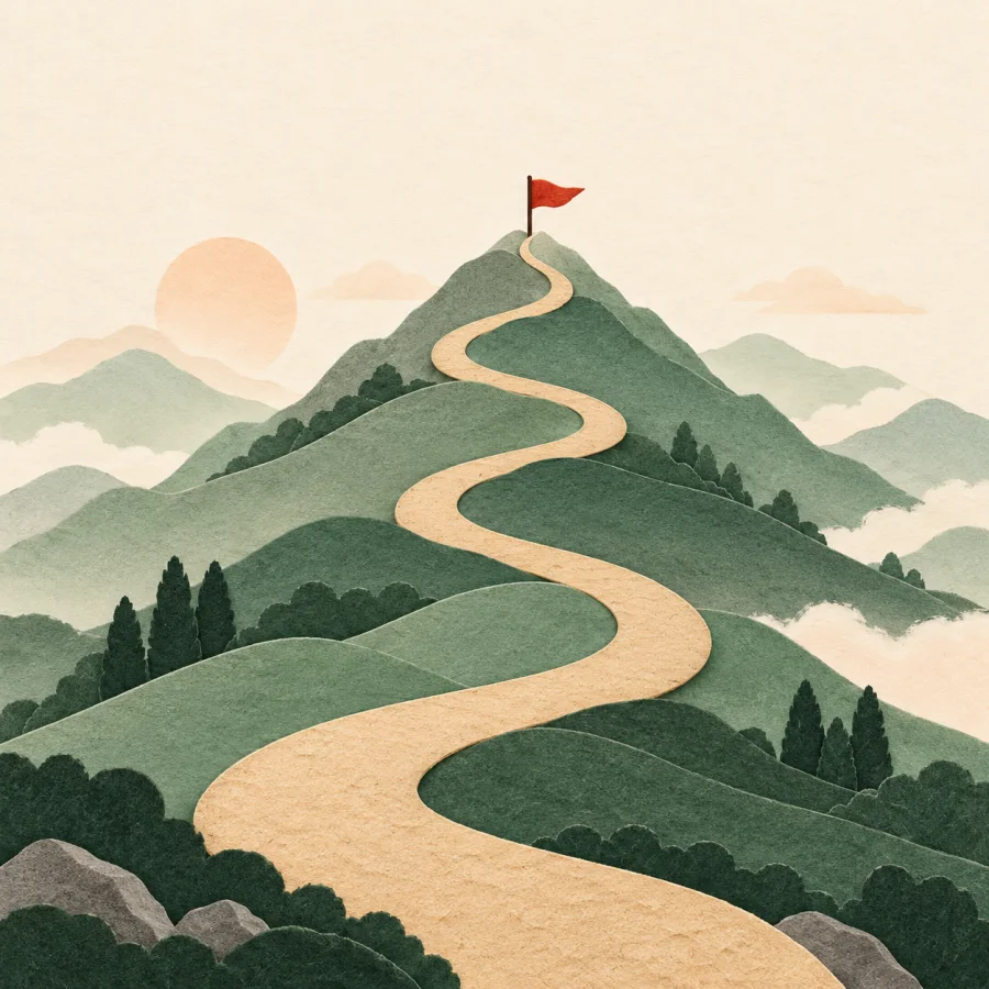 A winding path leading over hills to a small flag