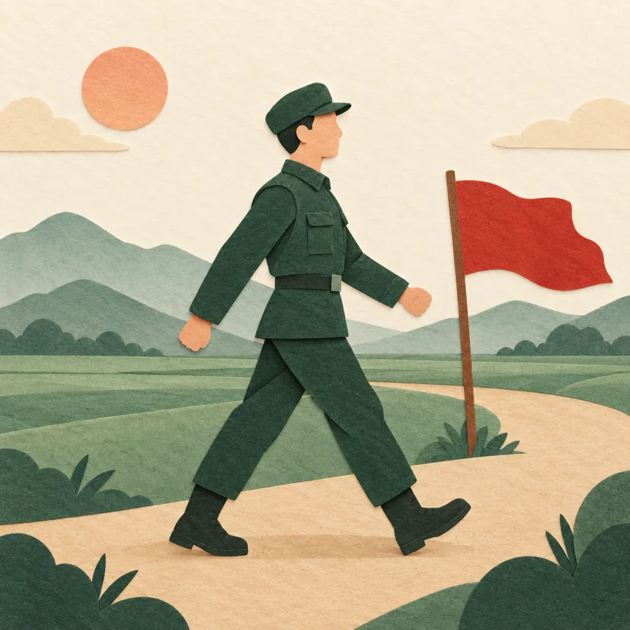 A person in a green uniform marching along a country road
