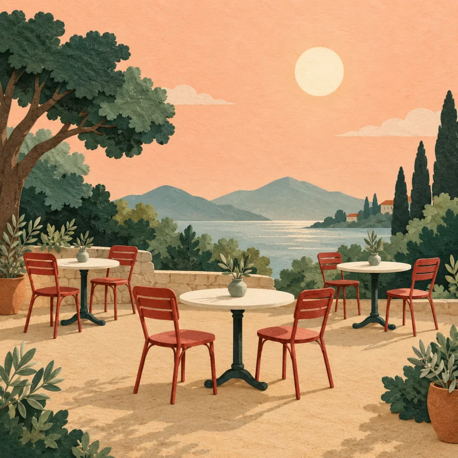 Tables and chairs set out under a clear open sky