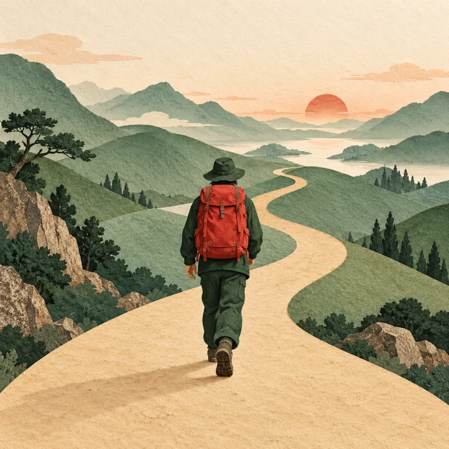 A traveller with a backpack walking a long road