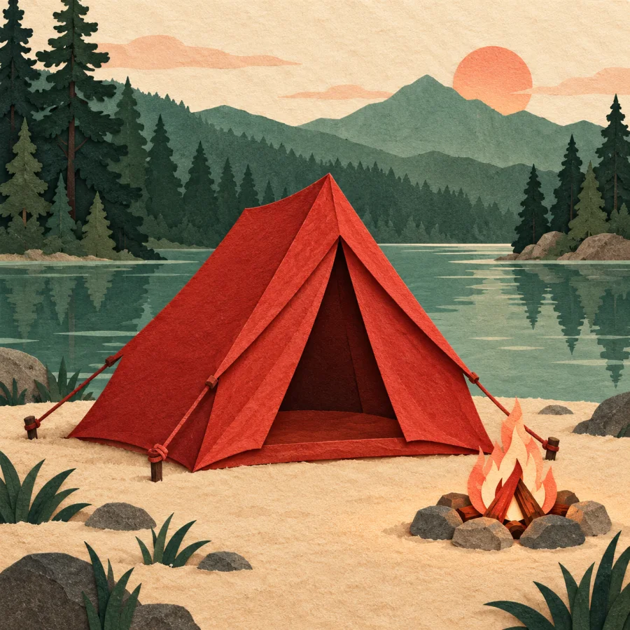 A red tent by a lake under the stars