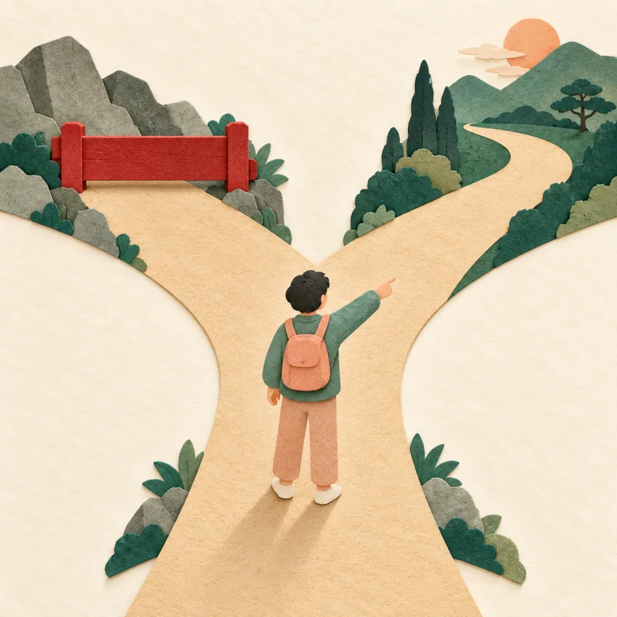 A person at a fork in the road picking another path