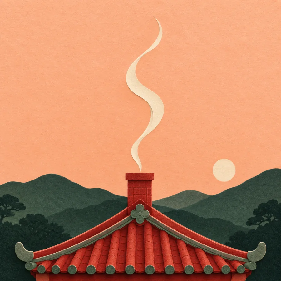 A thin wisp of smoke rising above a house roof