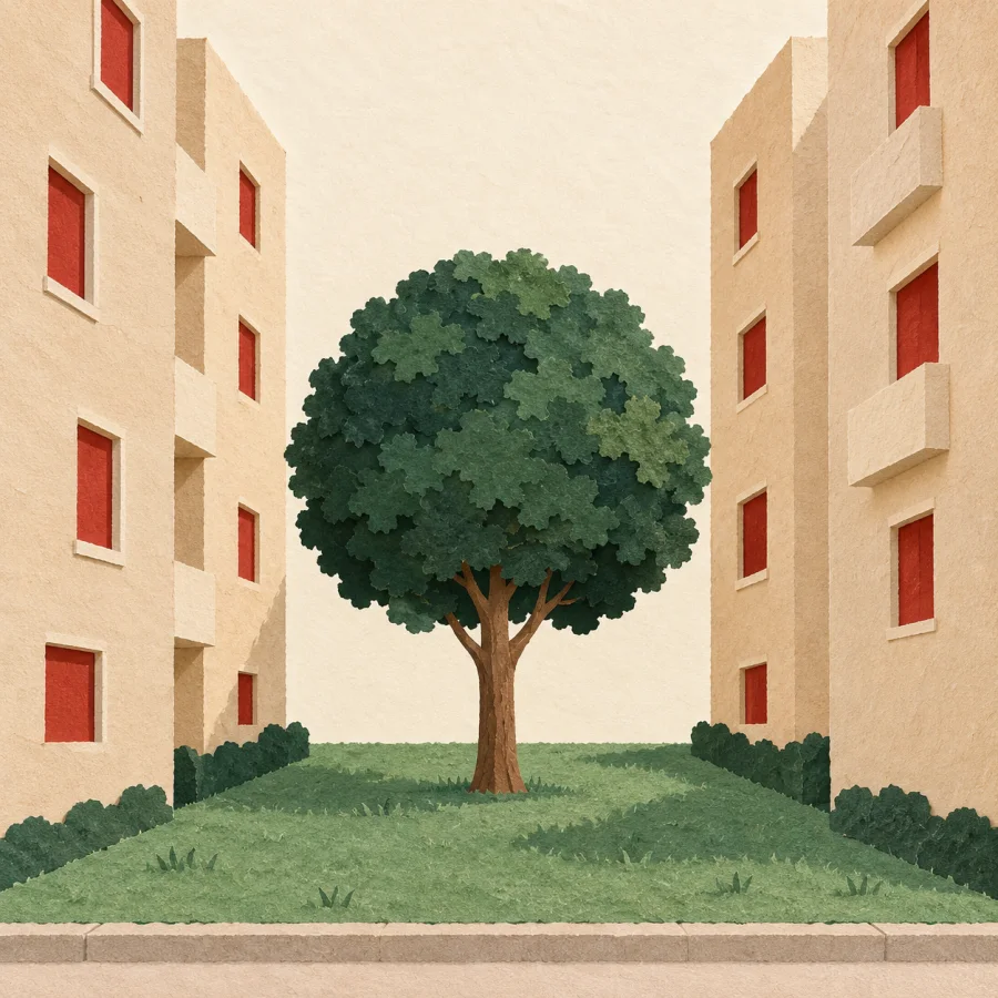 A green lawn with a tree between city buildings