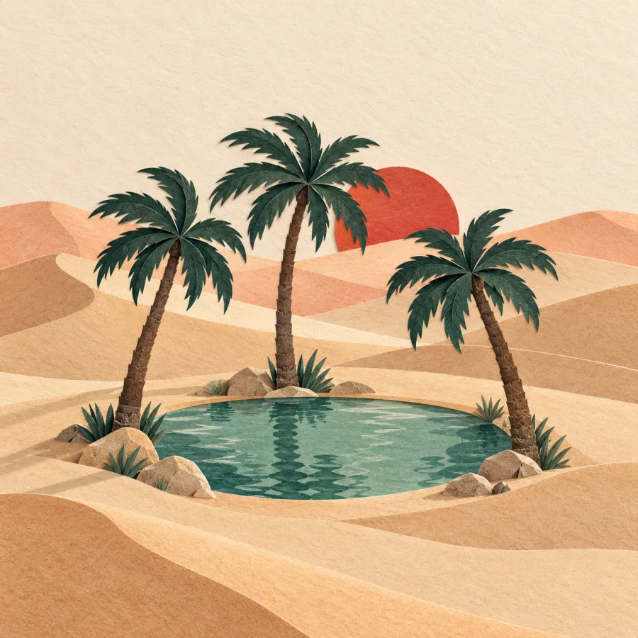 Palm trees and a small pool among sand dunes