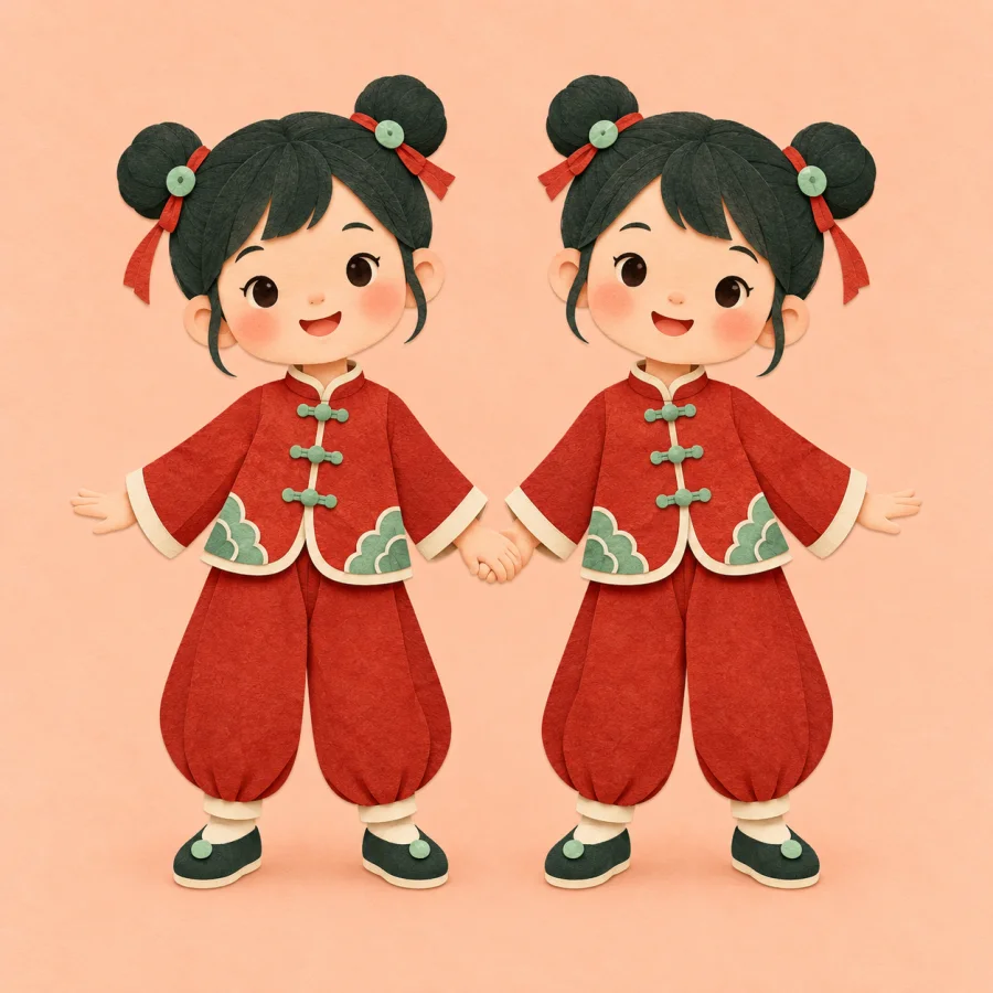 Two identical girls in matching red dresses side by side