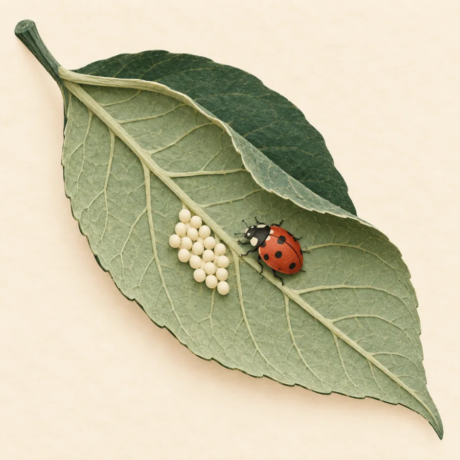 Tiny eggs on the underside of a green leaf