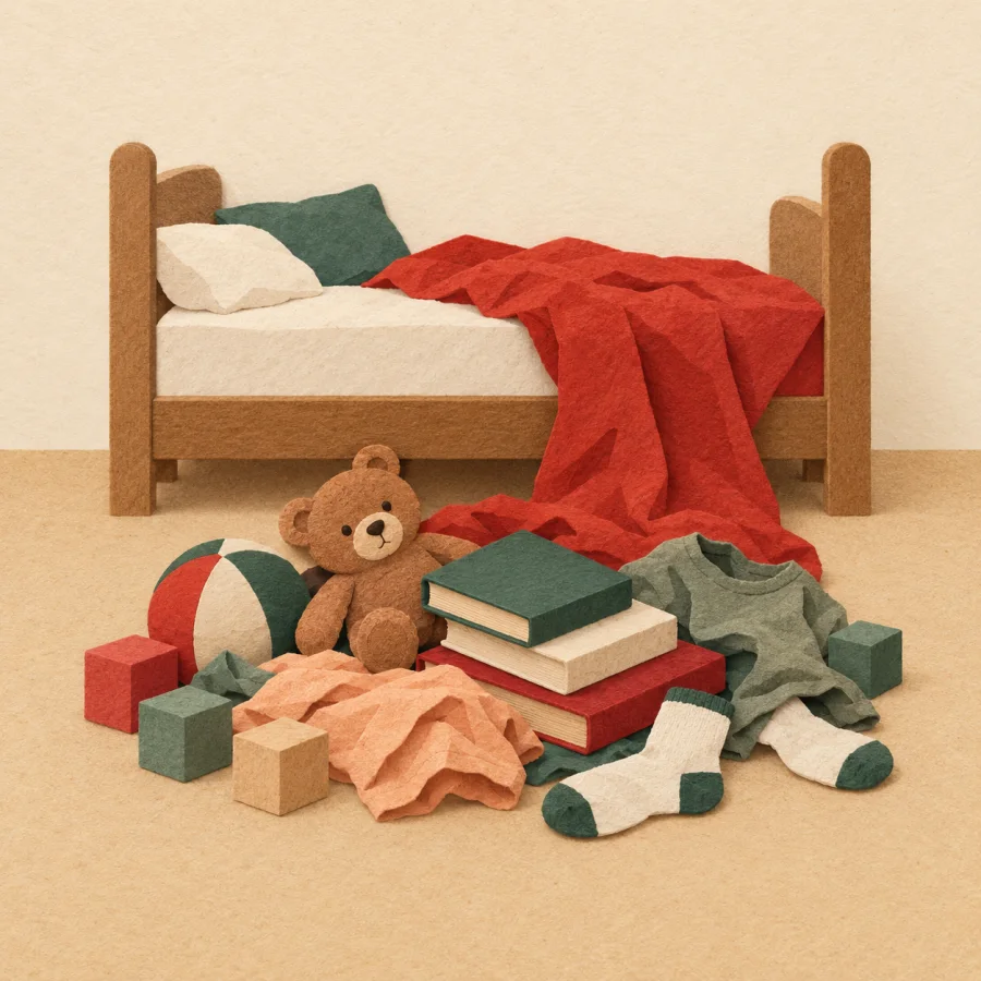 A room with things and toys scattered everywhere