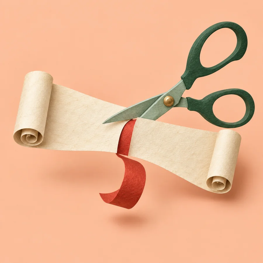 Scissors cutting out part of a line on a sheet of paper
