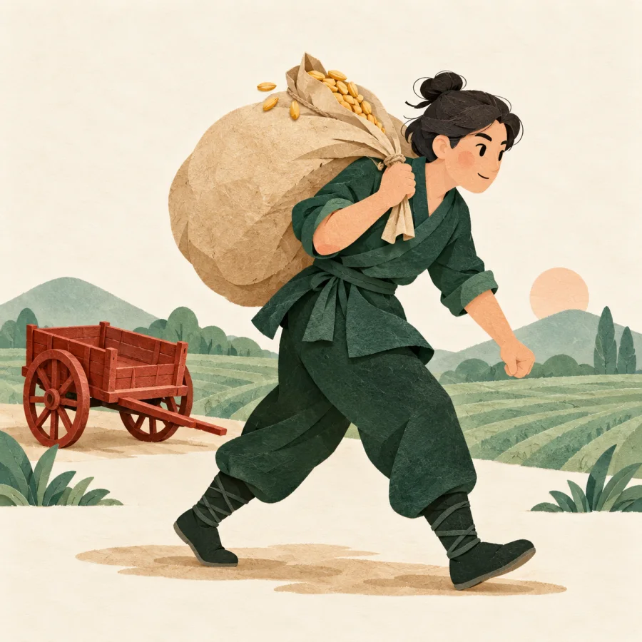 A person carrying off a sack of grain from a field