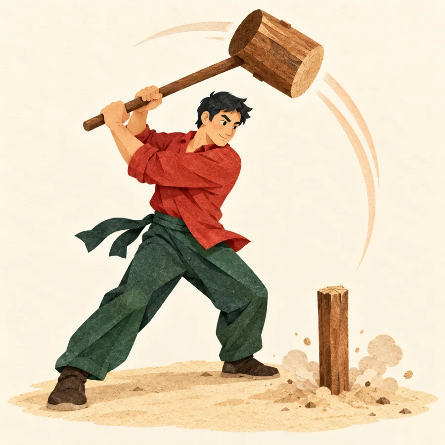 A person swinging a big hammer in a wide arc