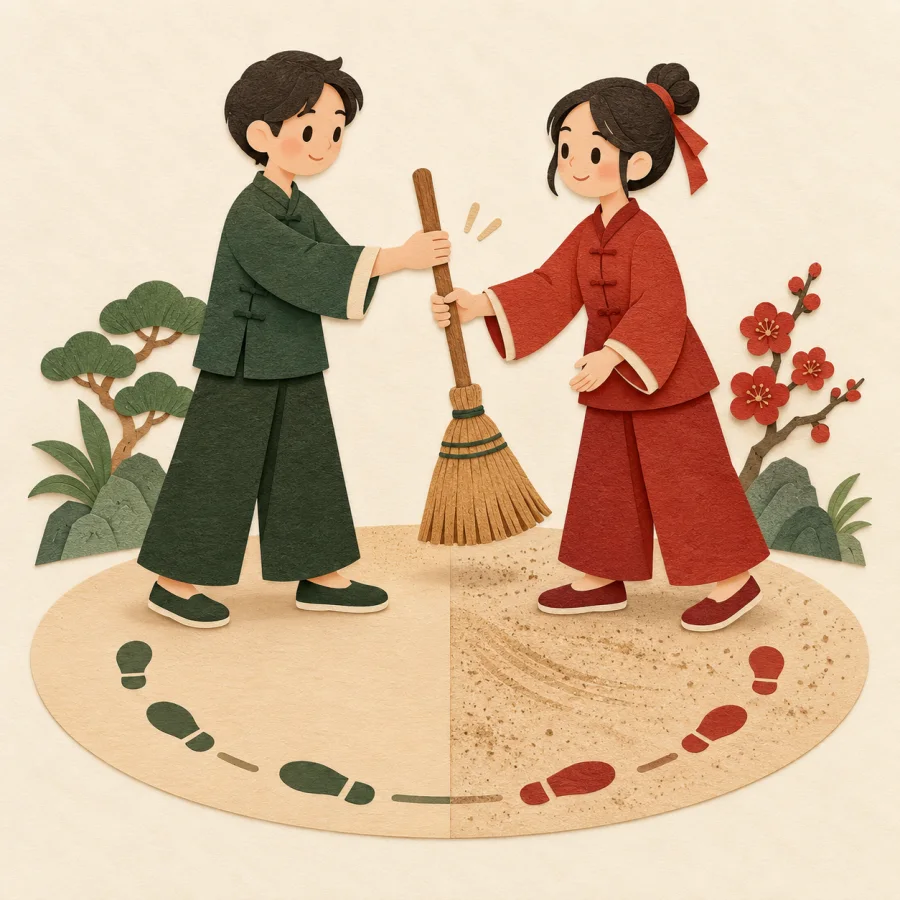 Two people handing a broom to each other in turn