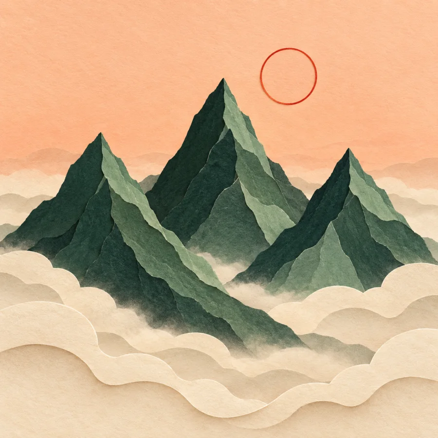The dark outline of mountains against a pale sky