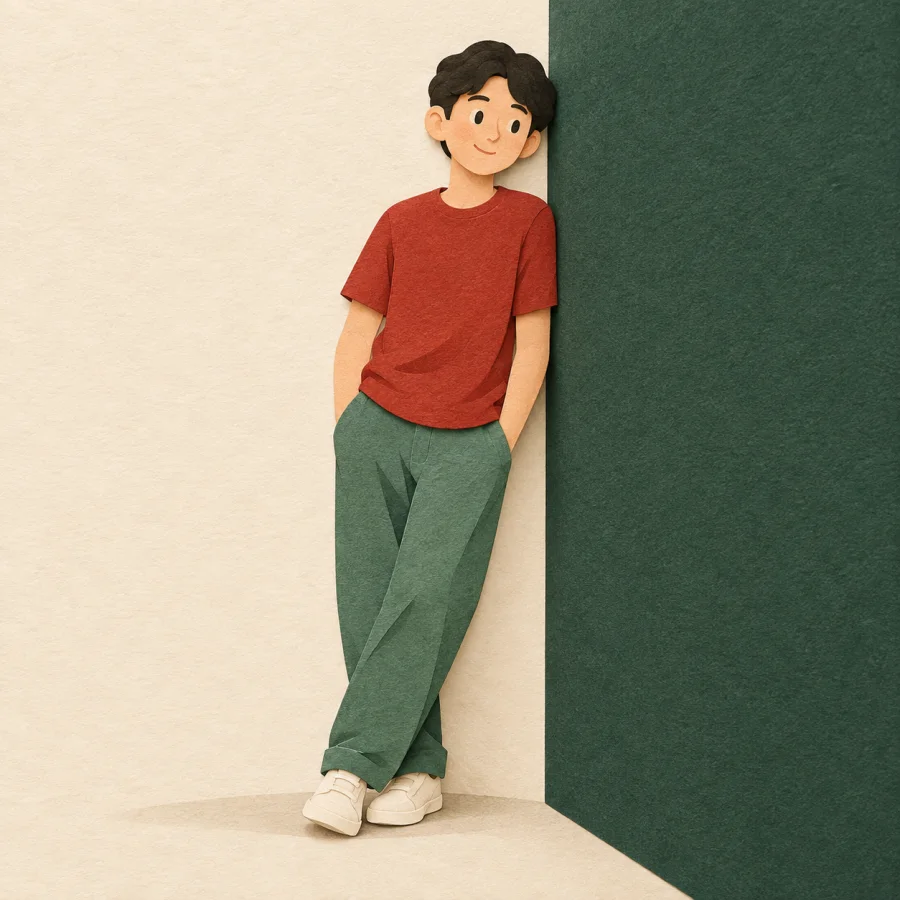 Eine Person lehnt an einer Wand