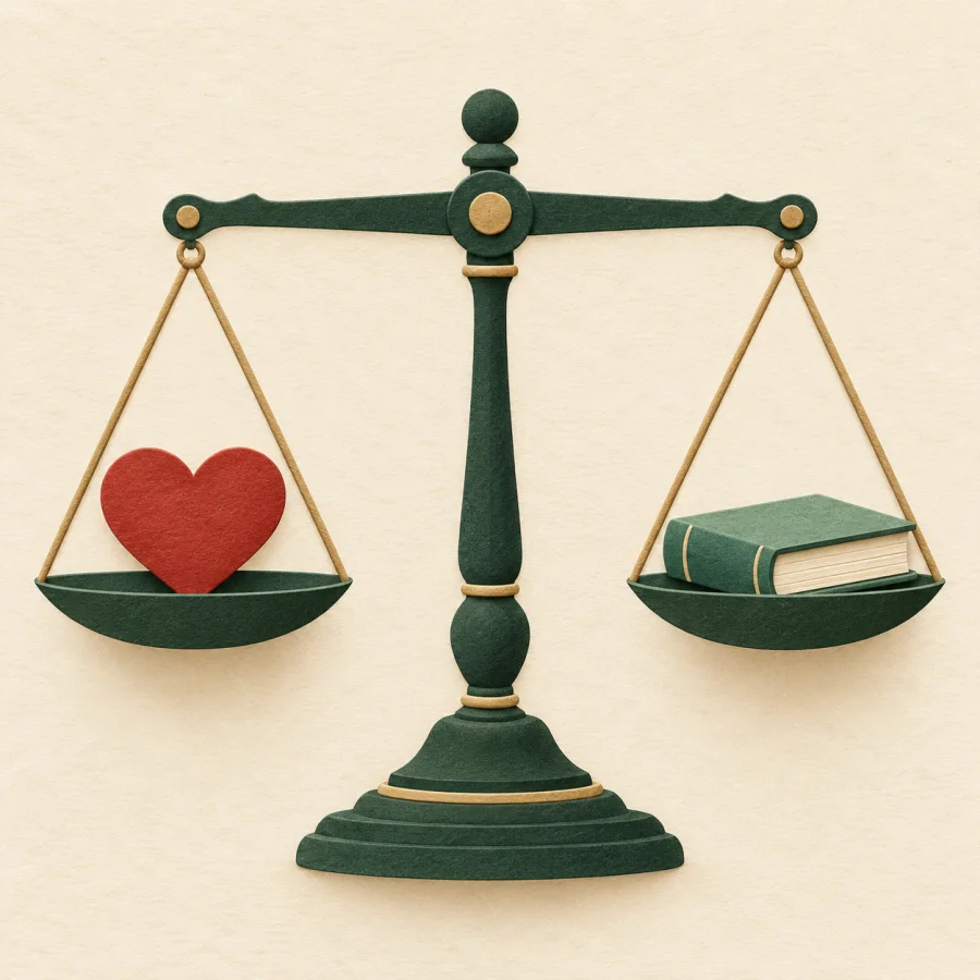 A balance scale with a heart on one pan and a book on the other