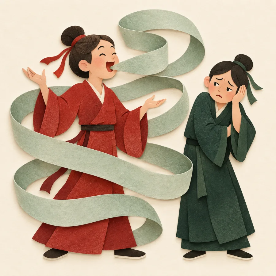 A person talking with a long ribbon streaming from the mouth