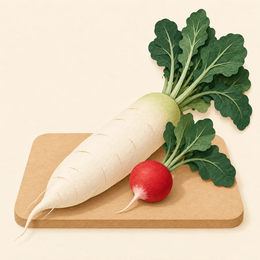A white radish with green leaves on a table