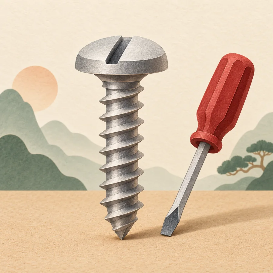 A metal screw and a screwdriver on a table