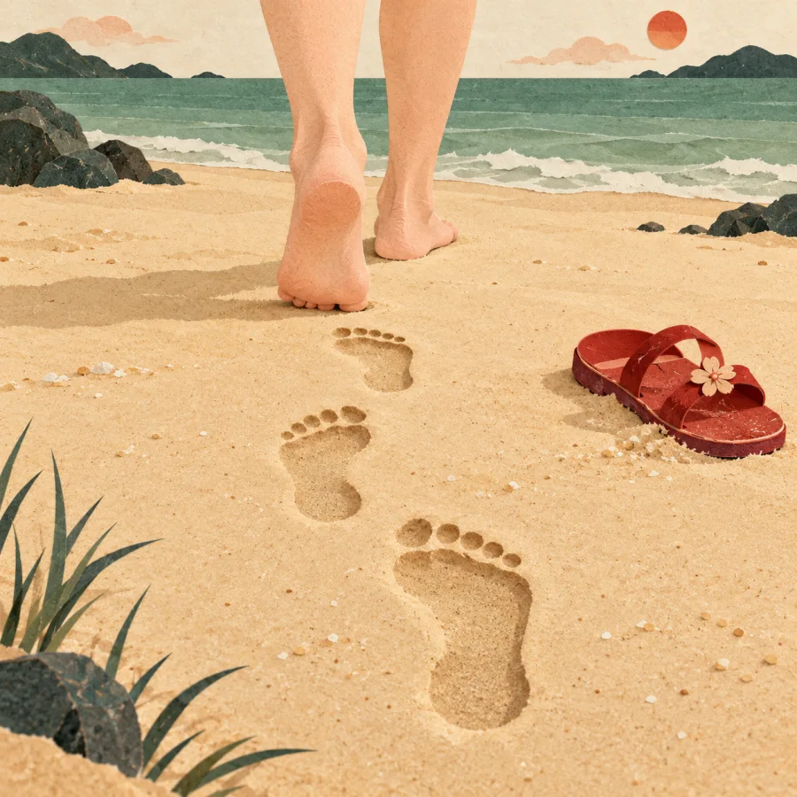 Bare feet walking on sand by the water