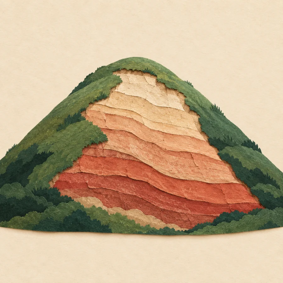 A bare layer of rock exposed on a mountain slope