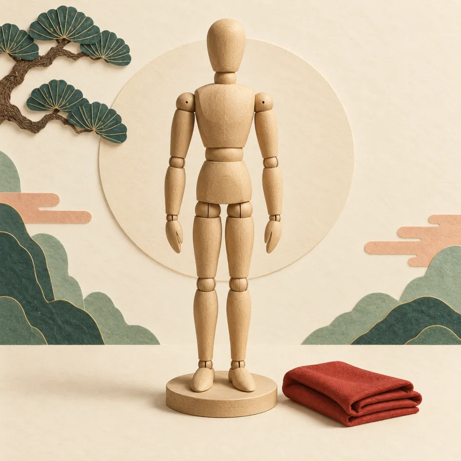 A plain wooden mannequin without clothes on a stand