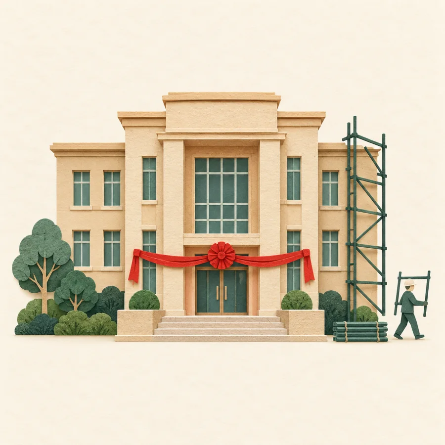 A new building with a red ribbon at the entrance
