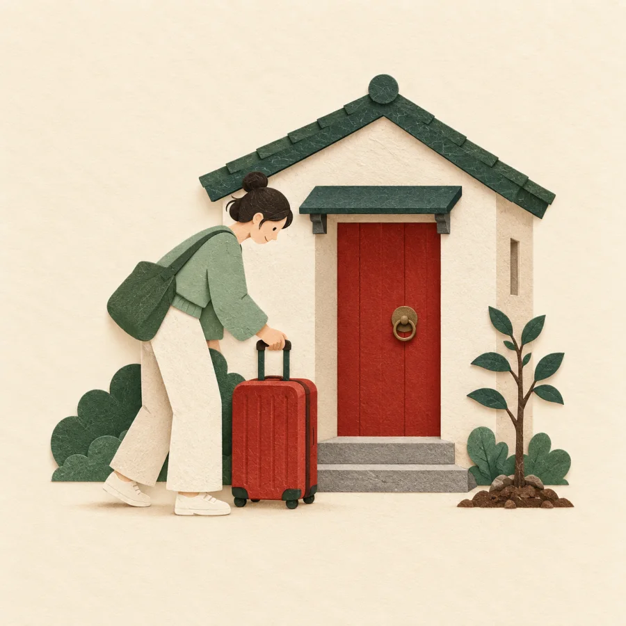 A family putting down a suitcase at a new home's door