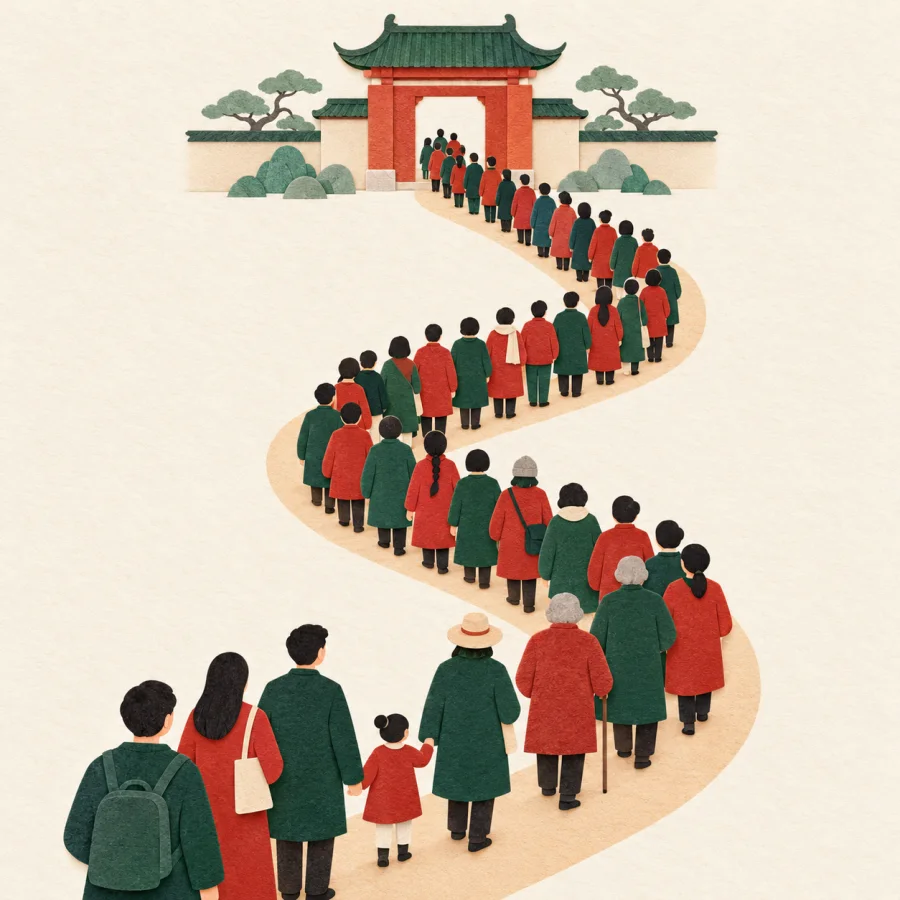 A long line of people streaming toward a park gate