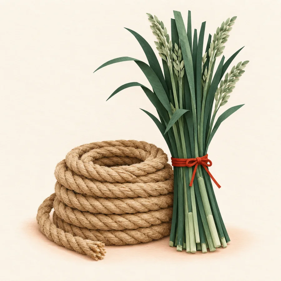 A coil of rough rope and a bundle of stalks