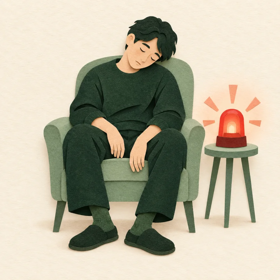 A person fast asleep at a post with a warning light glowing