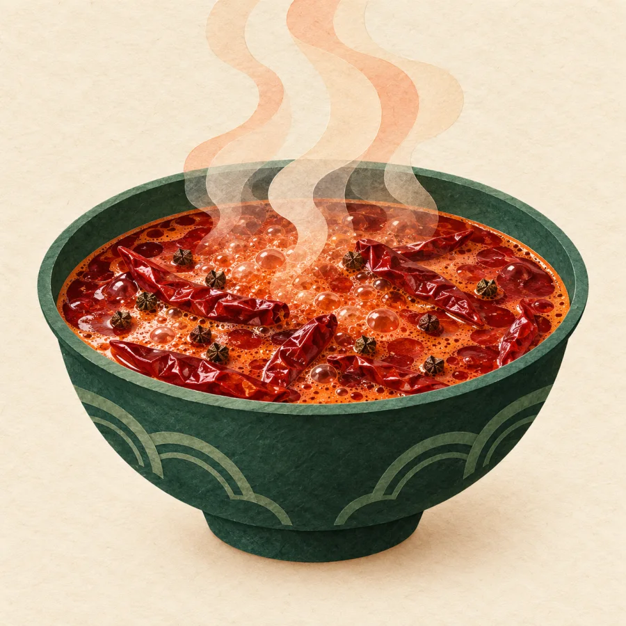 A bowl of red spicy broth with chilies