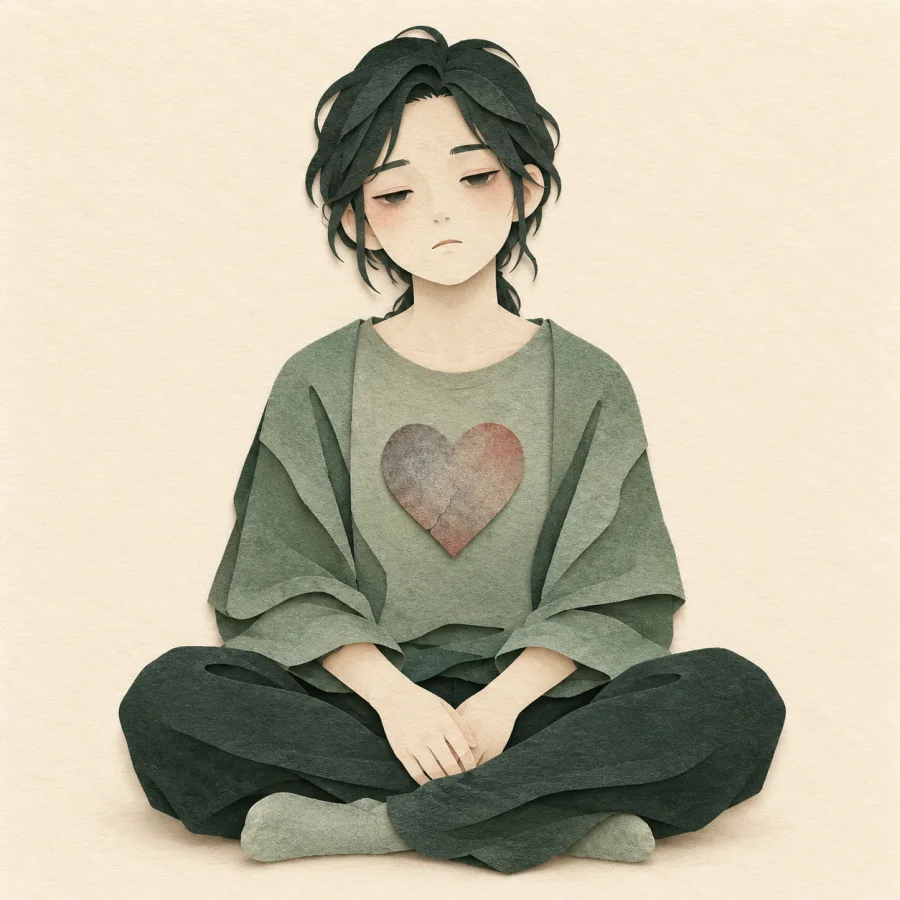 A person with an empty stare sitting and looking ahead