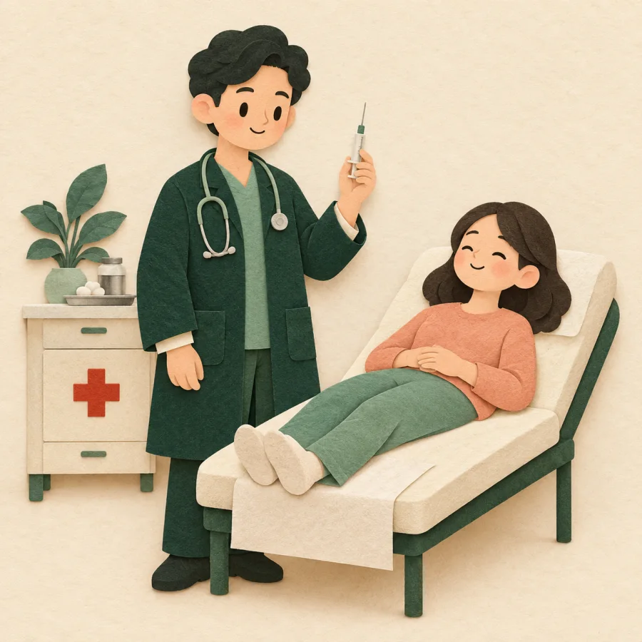 A doctor preparing a syringe beside a patient on a couch