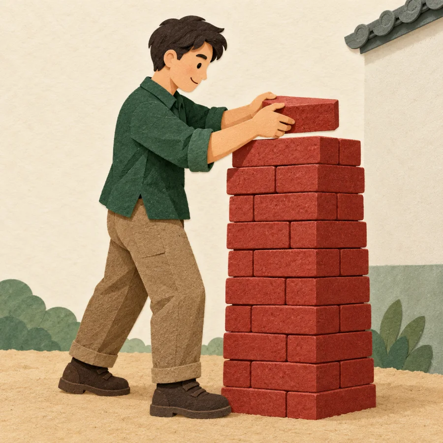 A worker neatly stacking bricks into a pile